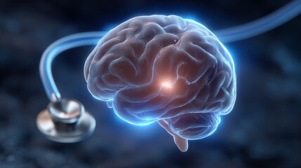 The Human Brain Examined: A striking, photorealistic visualization of the human brain illuminated by a stethoscope, symbolizing the intricate complexities of human intellect.