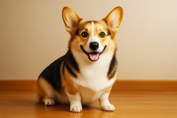 Cute smiling corgi dog sitting on wooden floor indoors with soft light and plain beige background, looking happy and playful. Ai generative.