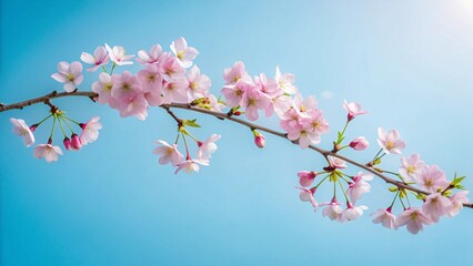 Delicate cherry blossom branch with pink flowers against a bright blue sky for beautiful background and design