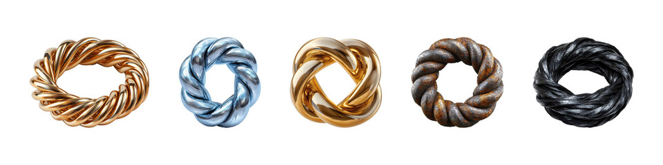 Naklejka premium Five Metallic Twisted Rings In Various Finishes. Artistic Jewelry Design And Craftsmanship Isolated On Transparent Background
