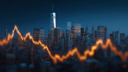 Stock Market Graph Over City: An intricate cityscape with a glowing stock market graph overlaid, symbolizing financial growth amidst an urban landscape.