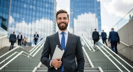 Fototapeta premium Confident businessman smiling holding tablet on modern city steps amidst tall glass buildings