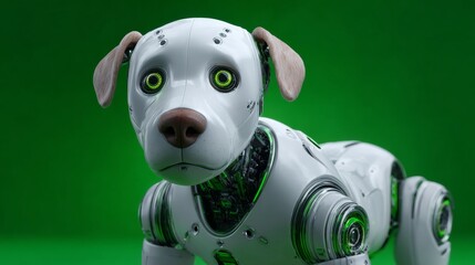Cybernetic Canine: A striking portrait of a robotic dog with metallic body and digital eyes set against a vibrant green screen background, exploring the fusion of technology and the animal kingdom.