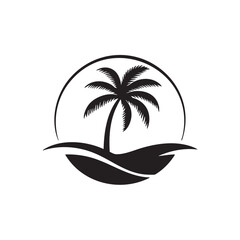 Obraz premium Black and white minimalist logo of a palm tree on a beach within a circle ocean waves