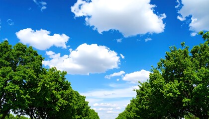 Obraz premium Lush green trees under a vibrant blue sky dotted with fluffy white clouds
