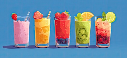 Colorful fruit smoothies in glass tumblers against a vibrant blue background