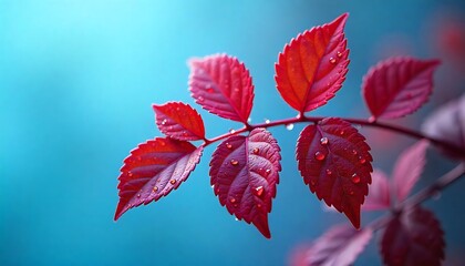 Obraz premium vibrant red leaves covered in glistening water droplets, wet maple leaves during rainy season, Red Boston ivy, created with generative ai