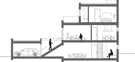 Architectural cross section drawing of a modern multi story building showcasing interior spaces and structural elements