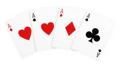 A winning hand featuring the ace of hearts, diamonds, clubs, and spades on a white surface isolated on transparent background