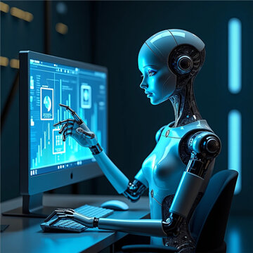 Futuristic Humanoid Robot Interacting with Cloud Technology