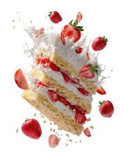 A Strawberry Layered Vanilla Cake with Ingredients Flying on Transparent Background