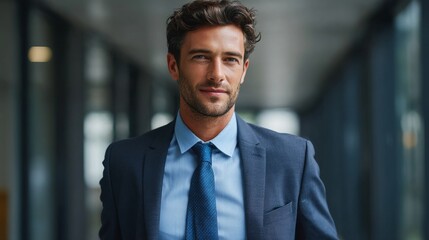 Fototapeta premium The Confident Professional: A close-up captures a charismatic businessman, radiating confidence in a modern setting, epitomizing success.