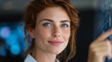 Obraz premium Serene Gaze: A captivating portrait of a woman with striking features and a gentle smile, showcasing her bright eyes, flawless skin, and the subtle freckles.