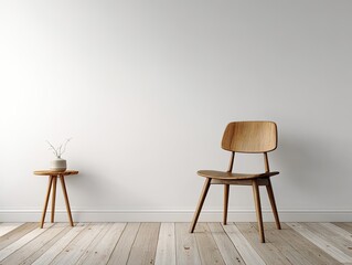 Minimalist room with wooden chair and table.  Simple, modern