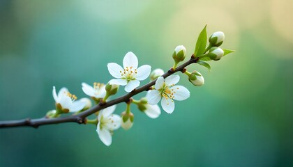 a branch with small white flowers and green buds, Tree blooming in spring on sunny spring day, Web banner with copy space, created with generative ai
