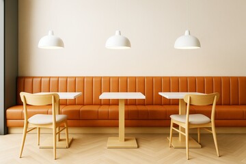 Modern minimalist cafe interior with orange leather bench, light wood chairs and pendant lights in contemporary empty room setting.