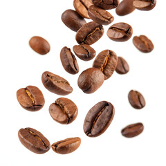 Obraz premium Aromatic coffee beans falling gracefully on a pure white background for your coffee shop promotions