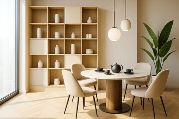 Modern minimalist dining room with round table, beige chairs, wooden shelving, pendant lights, and indoor plant in warm natural light.