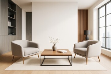 Modern minimalist living room with neutral tones, wood furniture, large window, two armchairs, and clean contemporary interior design focus.