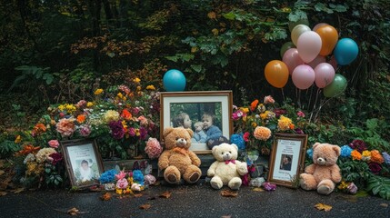 Memorial with teddy bears and photos