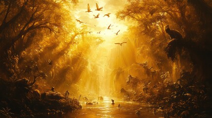 Golden-hued jungle scene, river flows towards waterfall, animals & birds amidst lush foliage, bathed in warm sunlight