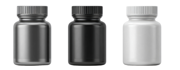 Three blank plastic medicine bottles in black, gray, and white (1)