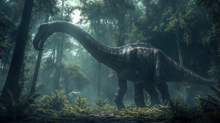 Huge dinosaur in a misty forest
