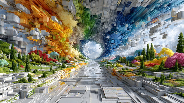 glitch data visuals Vibrant abstract landscape with vivid colors. tech abstract art, corrupted compression design