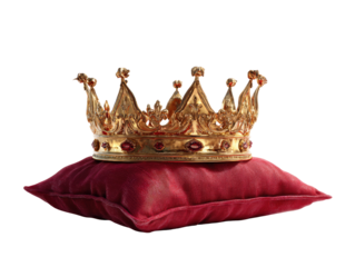 Ornate golden crown atop a crimson velvet pillow
