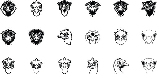 Collection of various ostrich head illustrations silhouette