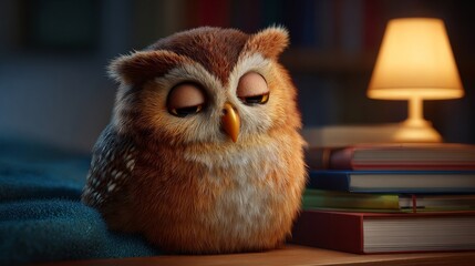 Obraz premium Cozy Owl's Dream: A charming fluffy owl, its eyes closed, sits serenely beside a stack of books under the soft glow of a bedside lamp, exuding peaceful warmth.