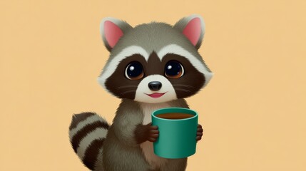 Obraz premium Raccoon sipping from Mug: An adorable cartoon raccoon, with a charming demeanor, clasps a mug of fresh drink, creating a cute and appealing scene. 