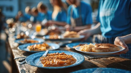 A long table with blue plates filled with food and people in blue shirts serving the meals outdoors