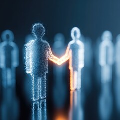 Digital handshake between two figures in a crowd representing collaboration and partnership