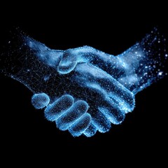 Digital handshake concept showing polygonal hands connecting in a futuristic design on black