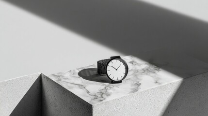 Stylish minimalist watch on marble pedestal