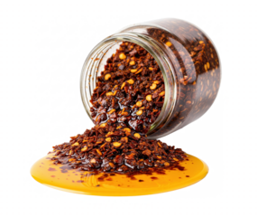 Chili Crisp with Oil Spilling from Glass Jar Isolated