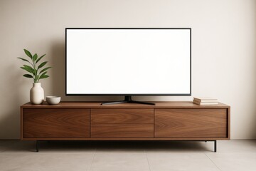 Modern TV screen with blank display on wooden cabinet in minimalist room interior with neutral wall background and decorative home elements.