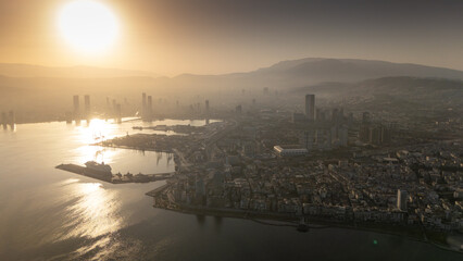 Naklejka premium A magnificent morning view of Alsancak, izmir. Good morning izmir, Turkey. Aerial shot.