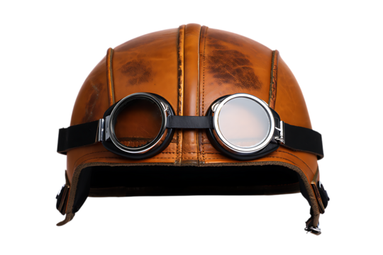 Vintage leather flying helmet with goggles against a black background, Antique aviator headgear isolated for retro fashion and aviation design