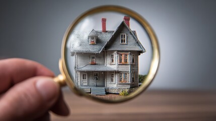 A hand holding a magnifying glass focusing on a detailed miniature model of a two story house