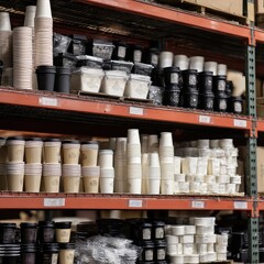Stacks of colorful paper cups and cardboard containers on blue shelves in a warehouse setting