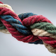 Close up shot of a thick rope with red blue green and white strands tightly twisted together detail