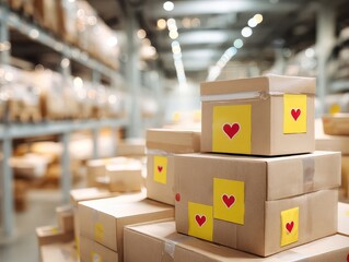 Boxes with heart stickers and yellow squares in a warehouse on a conveyor belt ready for shipping