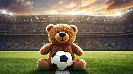 A teddy bear sitting on a soccer ball in an empty stadium during sunset, evoking nostalgia