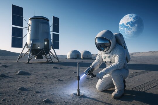 Astronaut conducting lunar soil experiment near futuristic moon base with Earth in background under bright daylight on barren surface. Ai generative - Powered by Adobe
