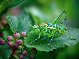 Fototapeta premium Colorful Grasshopper on Green Leaf with Pink Berries