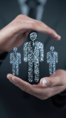 A person holding three digital human figures in their hands with a dark background behind them
