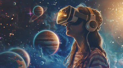 A girl wears a virtual reality headset and sees a digital space with planets and universes. She's exploring space with her augmented reality glasses.
