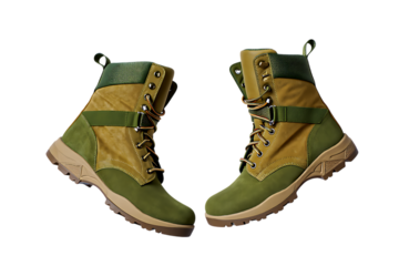 Stylish olive green and beige hiking boots, A pair of rugged and modern work boots for the outdoor enthusiast
